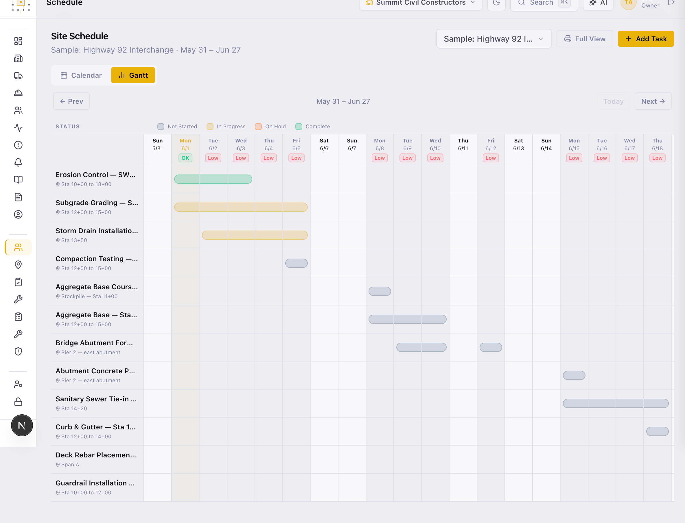 CX scheduling — a scrollable Gantt of site tasks across the four-week window