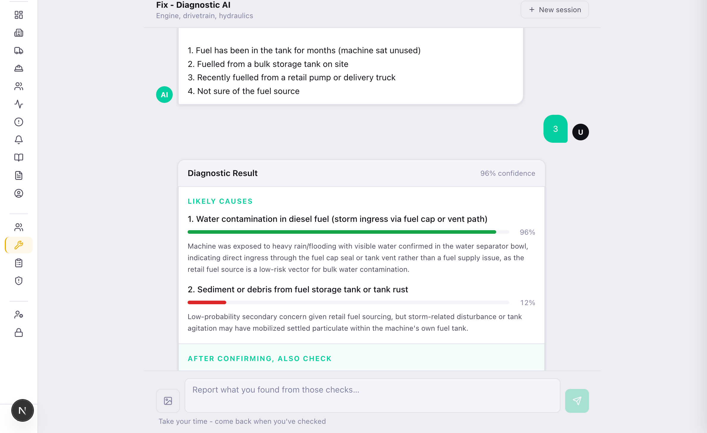 FX diagnostic AI — clarifying questions, then a ranked diagnostic result with confidence and likely causes