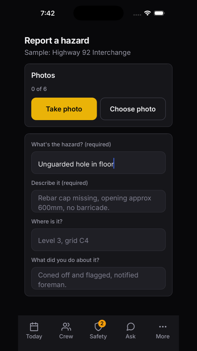 Reporting a hazard from the phone with photos, location, and the immediate action taken