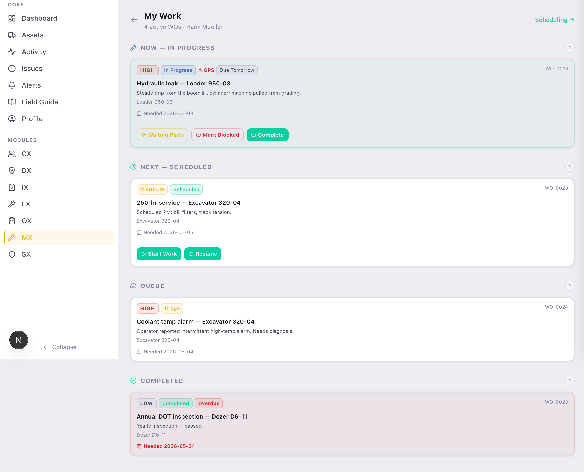 MX maintenance — a mechanic's personal My Work queue of work orders by status